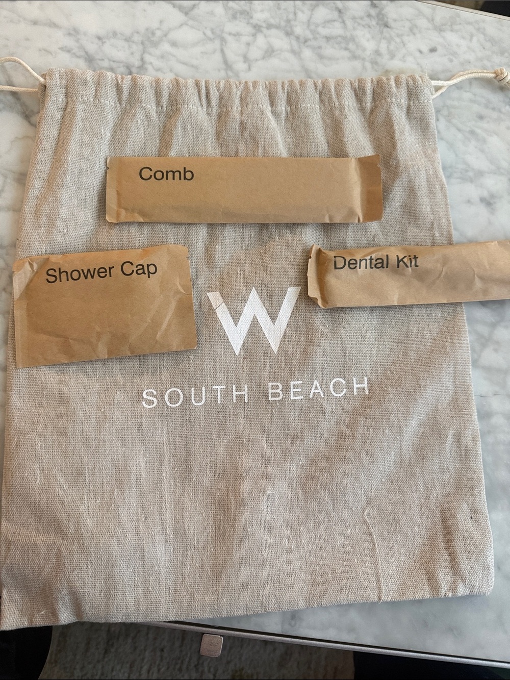 NEW W South Beach Hotel Amenity Kit Linen Drawstring Bag Dental Comb Shower Cap